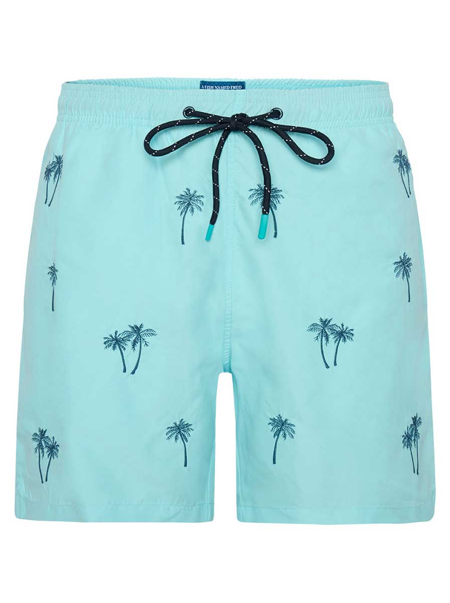 A Fish Named Fred Swimming Shorts A Fish Named Fred - Embroidered Palm Tree Turquoise Swimming Shorts