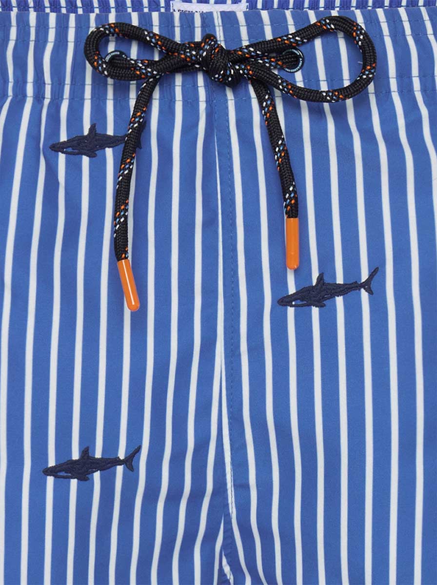 A Fish Named Fred Swimming Shorts A Fish Named Fred - Embroidered Shark Blue Striped Swimming Shorts