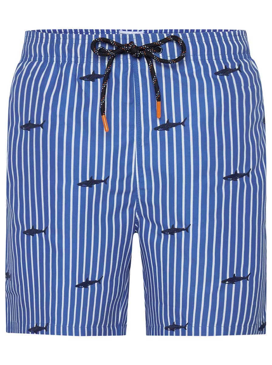 A Fish Named Fred Swimming Shorts A Fish Named Fred - Embroidered Shark Blue Striped Swimming Shorts