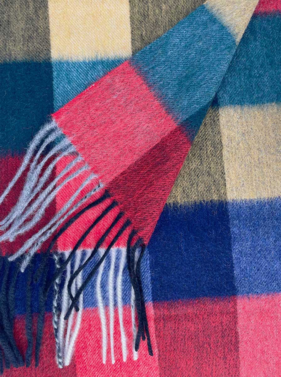Ascott & Hemley Scarves Ascott & Hemley - Wool/Cashmere Box Check Red/Green/Yellow/Blue Scarf