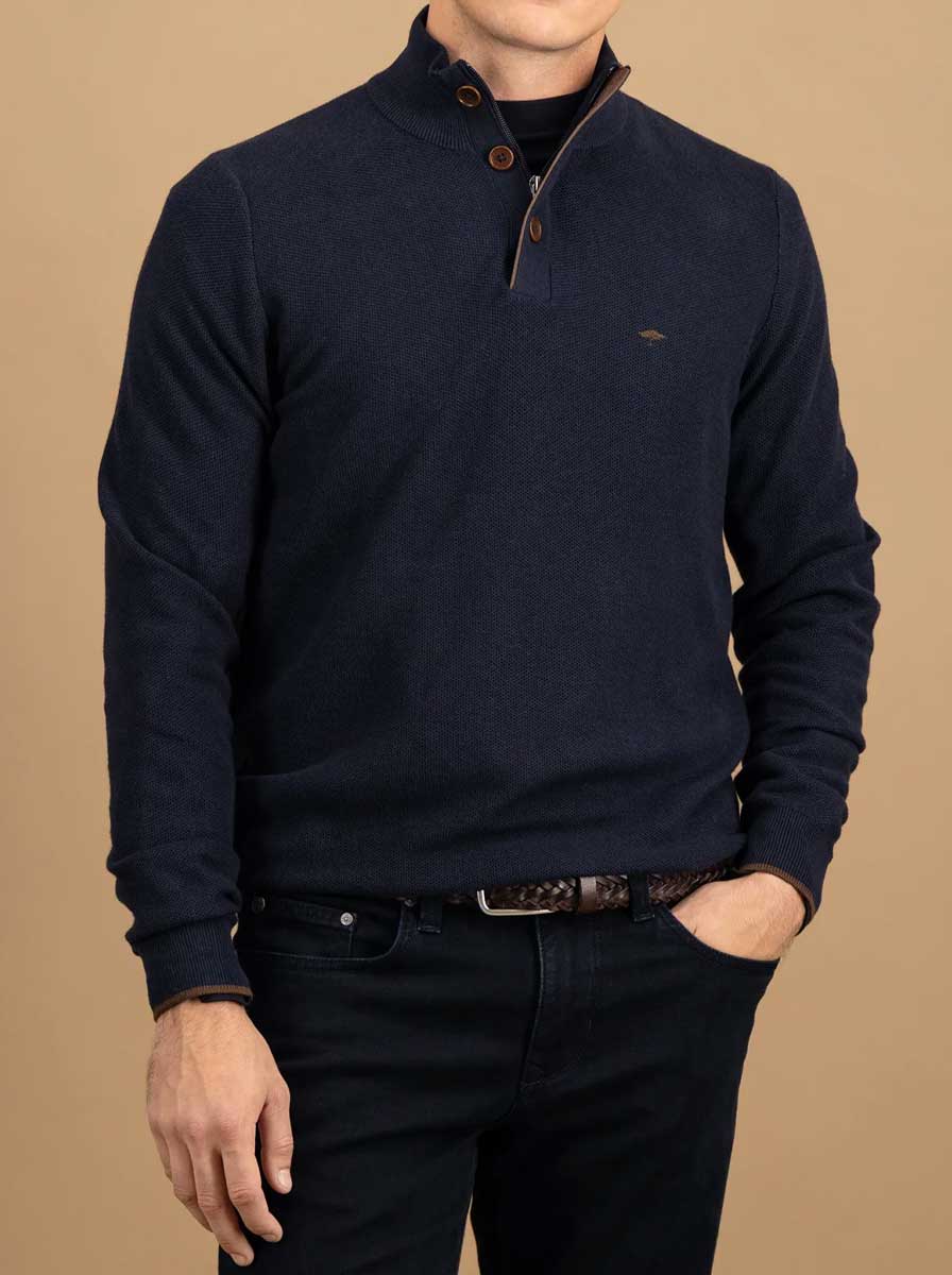 Fynch Hatton Knitwear & Jumpers Fynch Hatton - 1/4 Zip & Button Cotton Navy Jumper