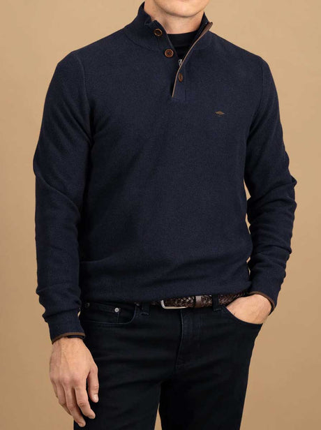 Fynch Hatton Knitwear & Jumpers Fynch Hatton - 1/4 Zip & Button Cotton Navy Jumper