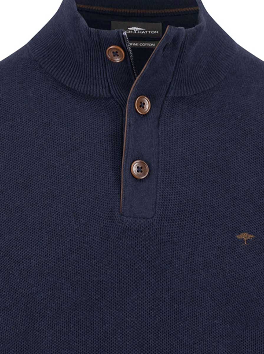 Fynch Hatton Knitwear & Jumpers Fynch Hatton - 1/4 Zip & Button Cotton Navy Jumper
