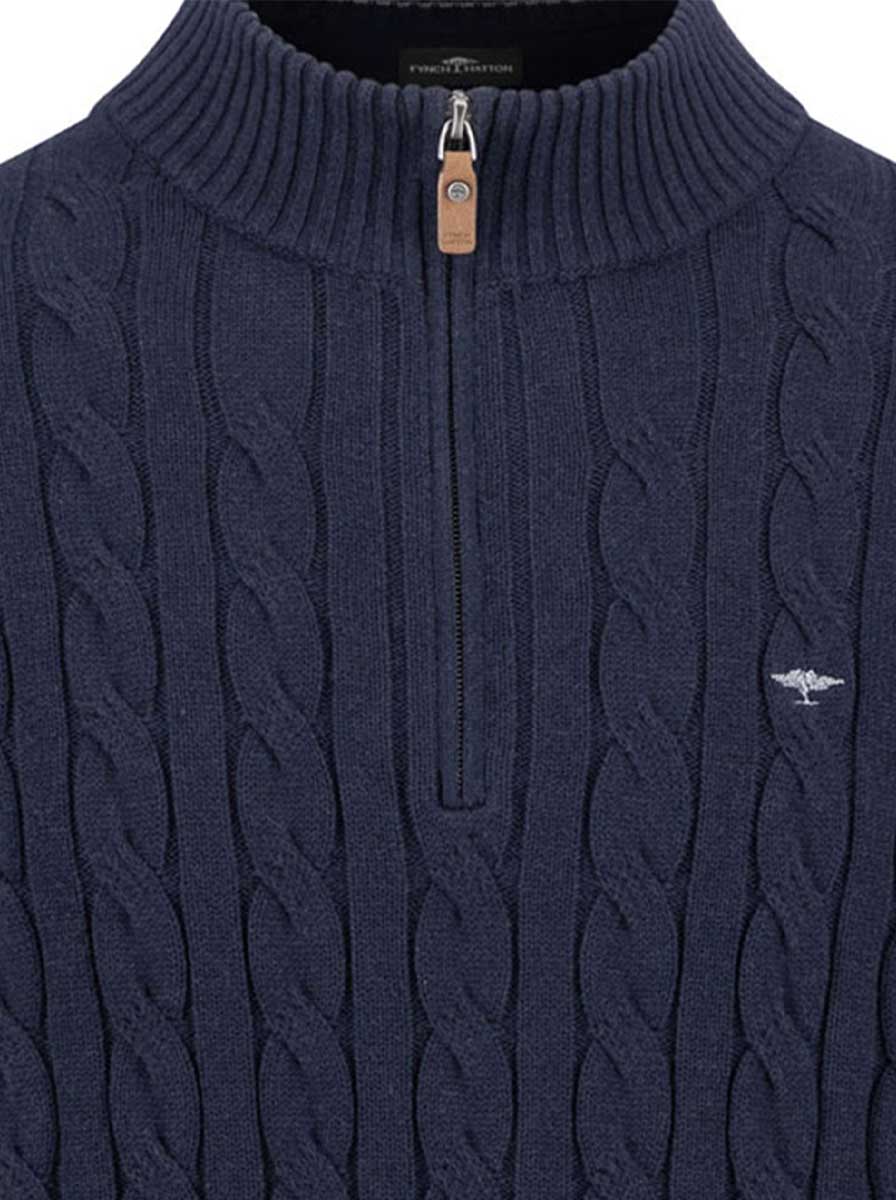 Fynch Hatton Knitwear & Jumpers Fynch Hatton - 1/4 Zip Cotton Cable Knit Navy Jumper