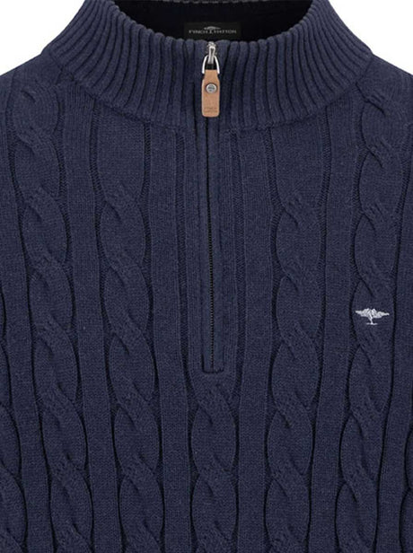 Fynch Hatton Knitwear & Jumpers Fynch Hatton - 1/4 Zip Cotton Cable Knit Navy Jumper