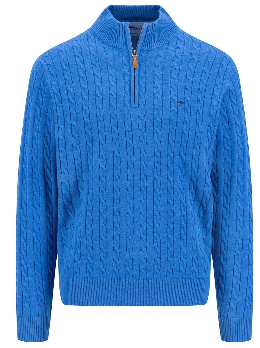 Fynch Hatton Knitwear & Jumpers Fynch Hatton - 1/4 Zip Cotton Cable Knit Strong Blue Jumper