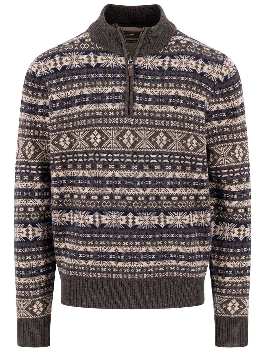 Fynch Hatton Knitwear & Jumpers Fynch Hatton - 1/4 Zip Lambswool Dark Chocolate Jacquard Jumper