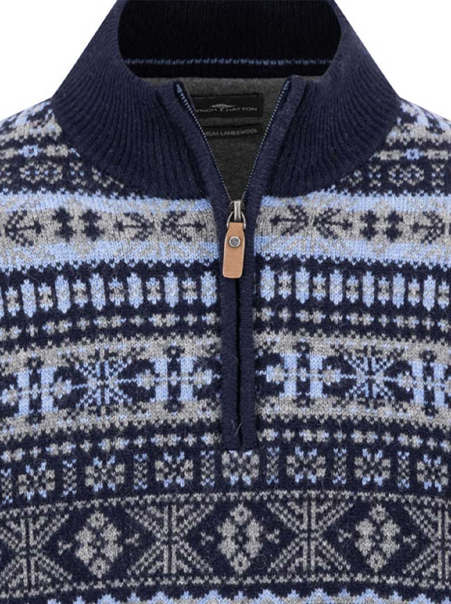 Fynch Hatton Knitwear & Jumpers Fynch Hatton - 1/4 Zip Lambswool Navy Jacquard Jumper