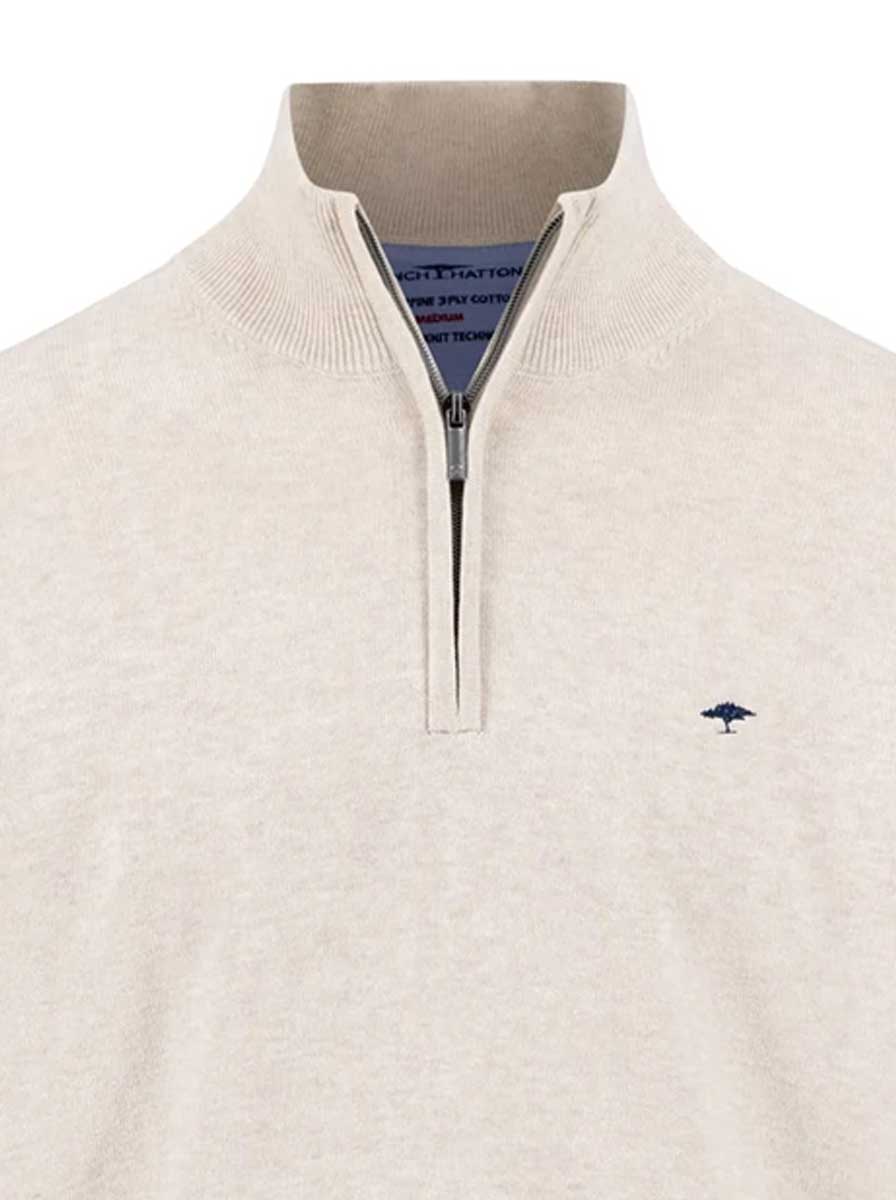 Fynch Hatton Knitwear & Jumpers Fynch Hatton - 1/4 Zip Superfine Cotton Off White Jumper