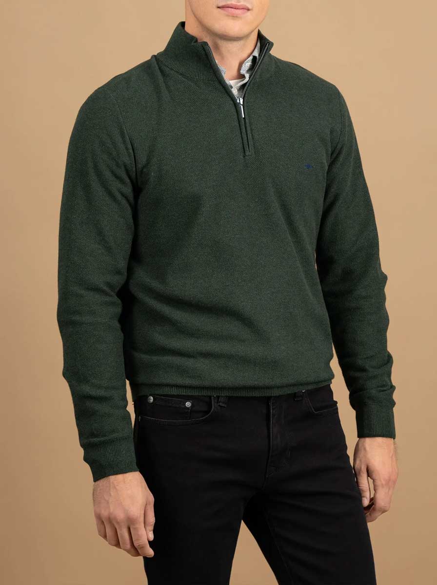 Fynch Hatton Knitwear & Jumpers Fynch Hatton - 1/4 Zip Textured Cotton Dark Ivy Jumper