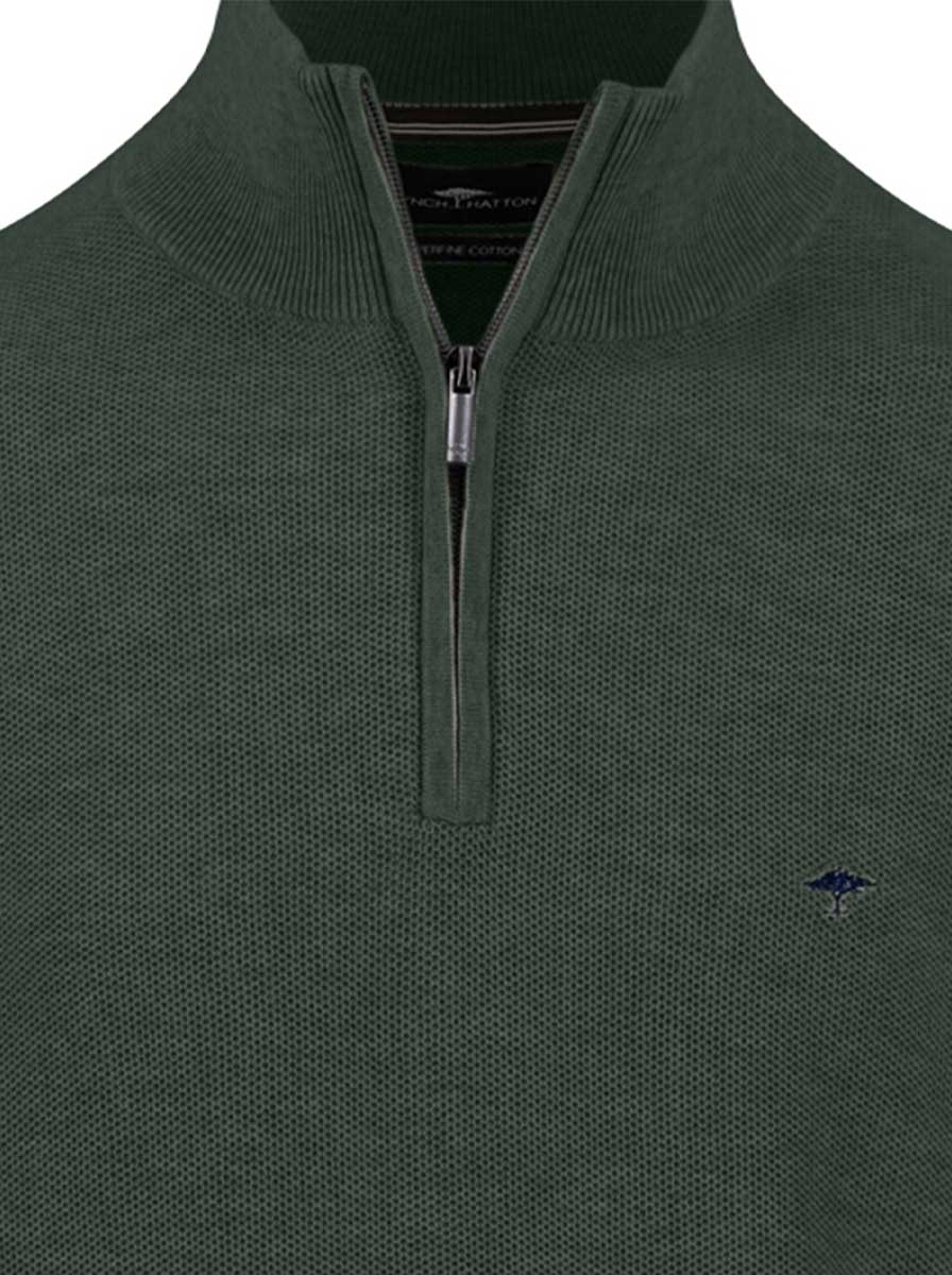 Fynch Hatton Knitwear & Jumpers Fynch Hatton - 1/4 Zip Textured Cotton Dark Ivy Jumper