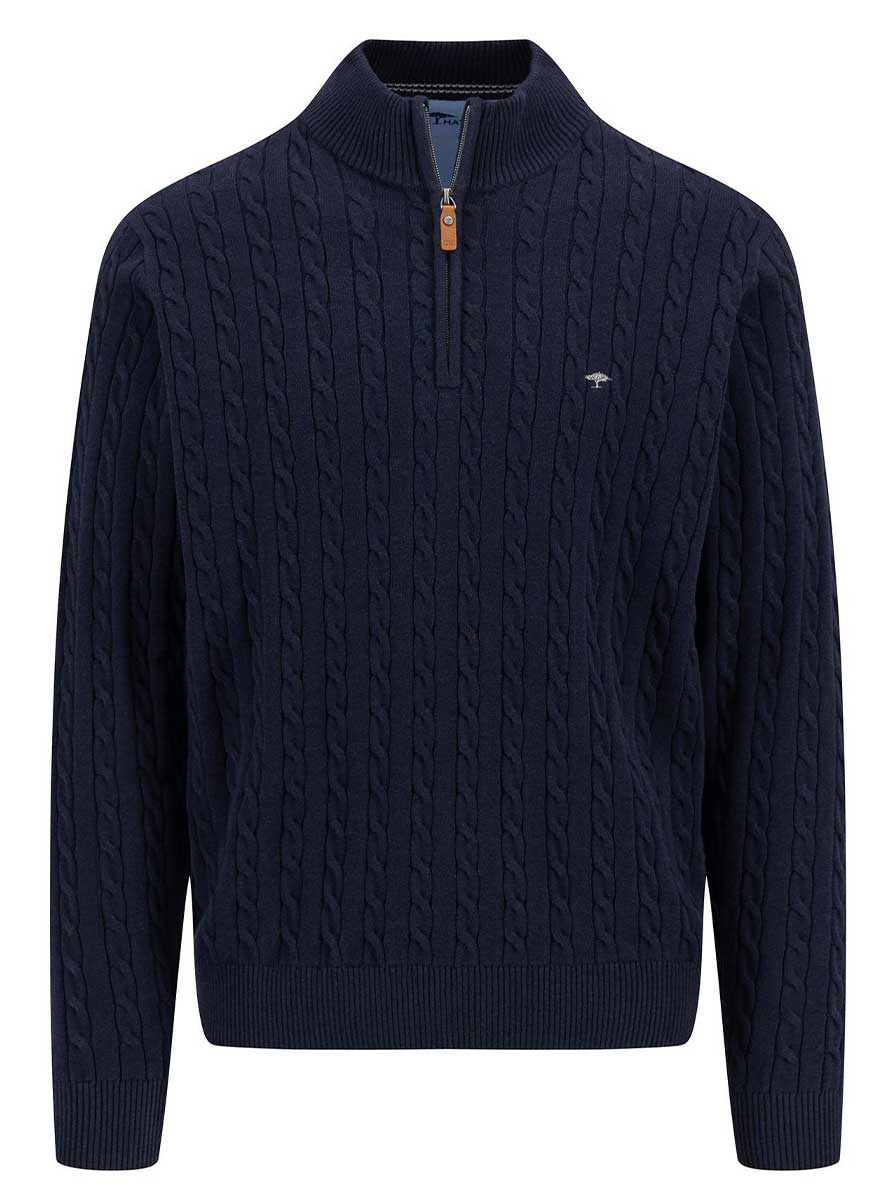 Fynch Hatton Knitwear & Jumpers Fynch Hatton - Cotton Cable Knit Quarter Zip Navy Jumper