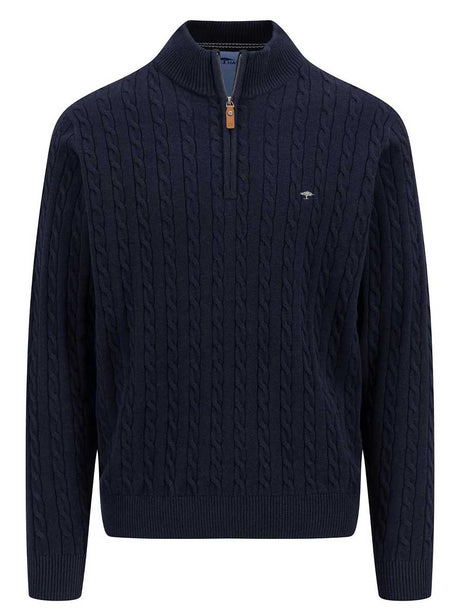 Fynch Hatton Knitwear & Jumpers Fynch Hatton - Cotton Cable Knit Quarter Zip Navy Jumper