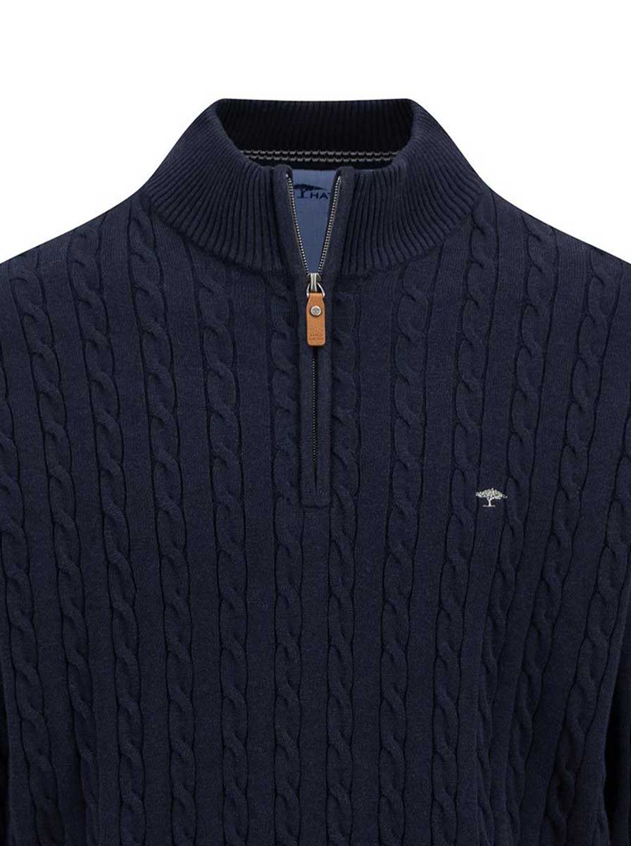 Fynch Hatton Knitwear & Jumpers Fynch Hatton - Cotton Cable Knit Quarter Zip Navy Jumper