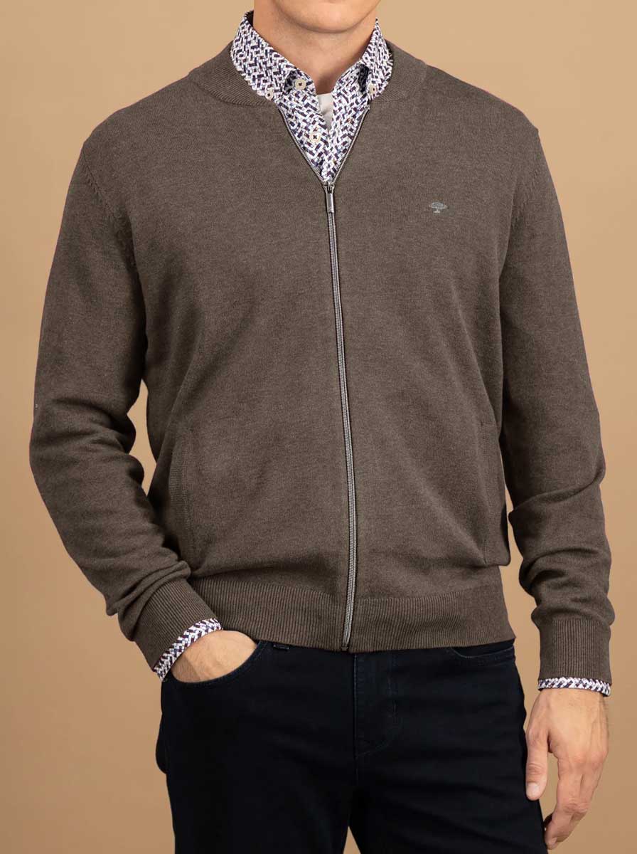 Fynch Hatton Knitwear & Jumpers Fynch Hatton - Full Zip Superfine Cotton Earth Jumper