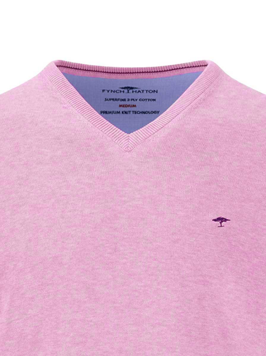 Fynch Hatton Knitwear & Jumpers Fynch Hatton - Superfine Cotton V-Neck Pink Jumper