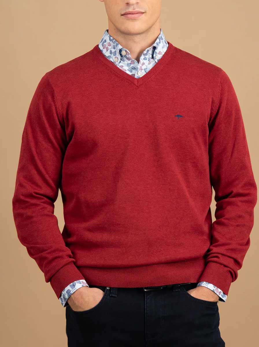 Fynch Hatton Knitwear & Jumpers Fynch Hatton - V-Neck Superfine Cotton Garnet Red Jumper