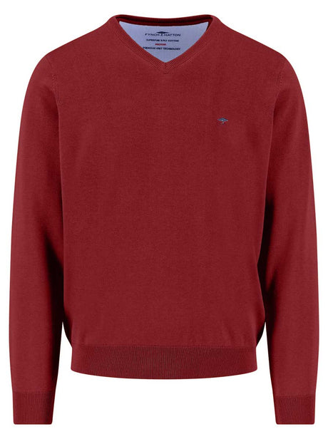 Fynch Hatton Knitwear & Jumpers Fynch Hatton - V-Neck Superfine Cotton Garnet Red Jumper