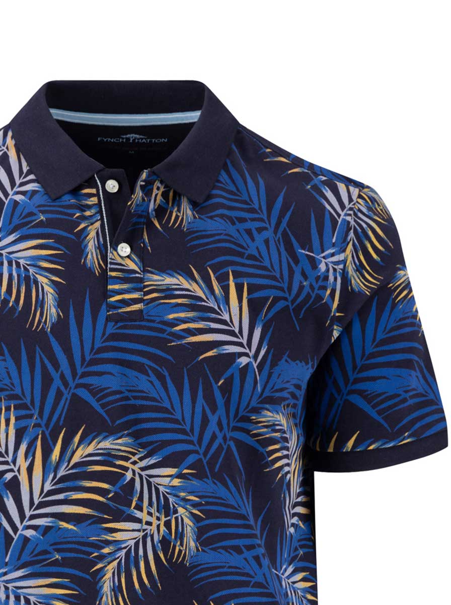 Fynch Hatton Polo & T-Shirts Fynch Hatton - Premium Cotton Fern Print Navy Polo Shirt