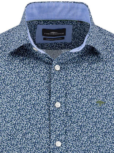 Fynch Hatton Shirts Fynch Hatton - Bubble Print Cotton Long Sleeve Misty Blue Shirt