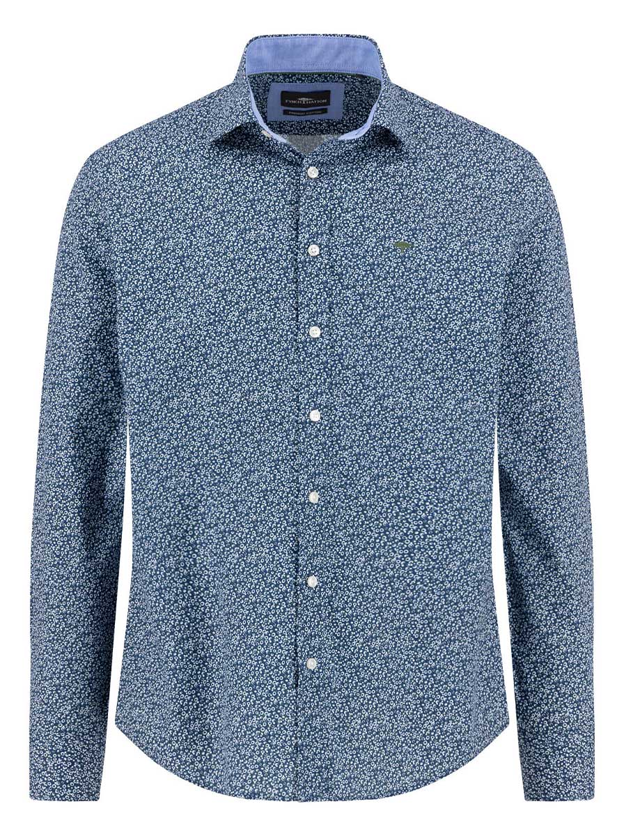 Fynch Hatton Shirts Fynch Hatton - Bubble Print Cotton Long Sleeve Misty Blue Shirt
