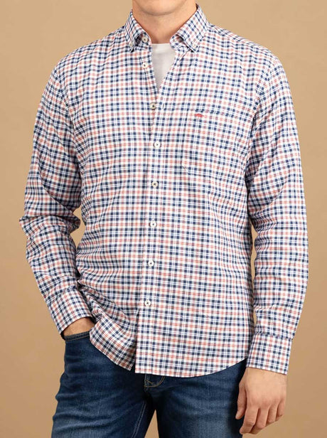 Fynch Hatton Shirts Fynch Hatton - Fine Check Cotton Long Sleeve Peach Shirt
