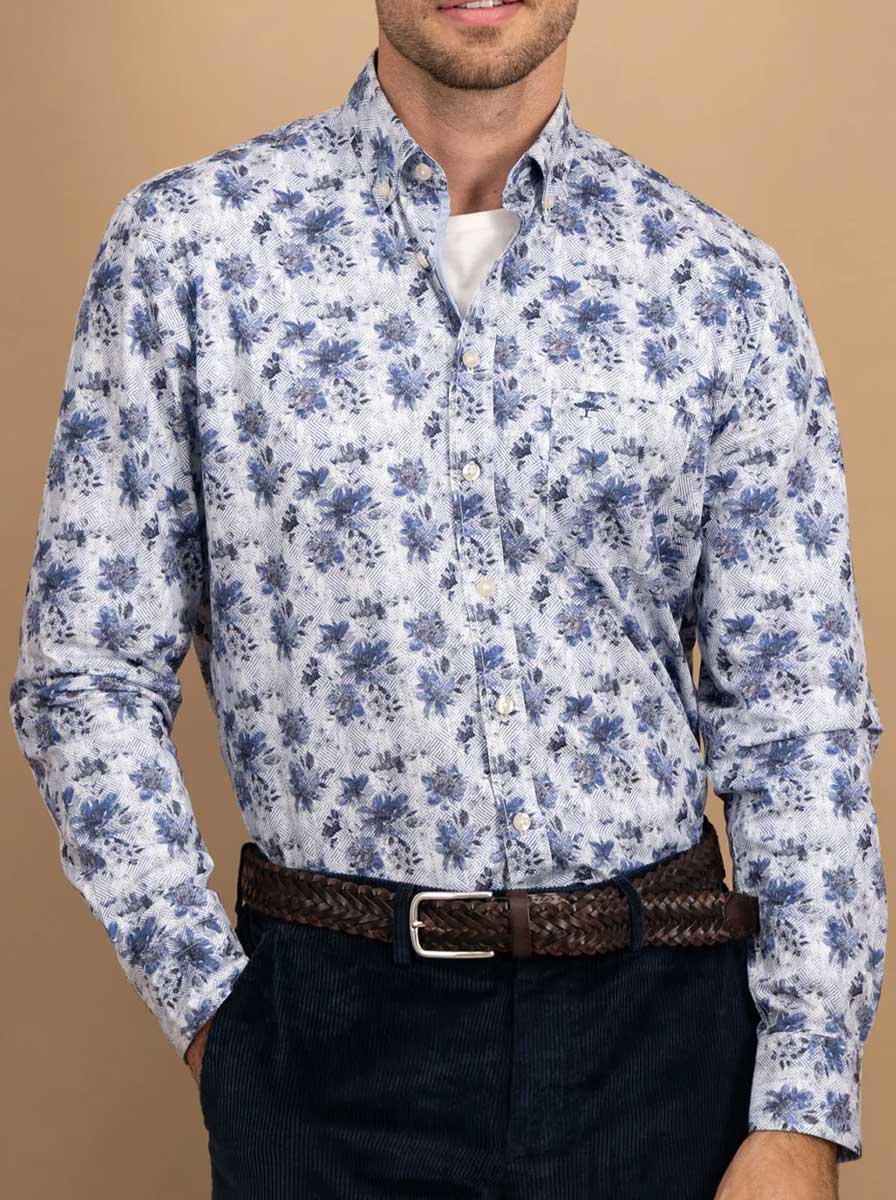 Fynch Hatton Shirts Fynch Hatton - Floral Print Cotton Long Sleeve Crystal Blue Shirt