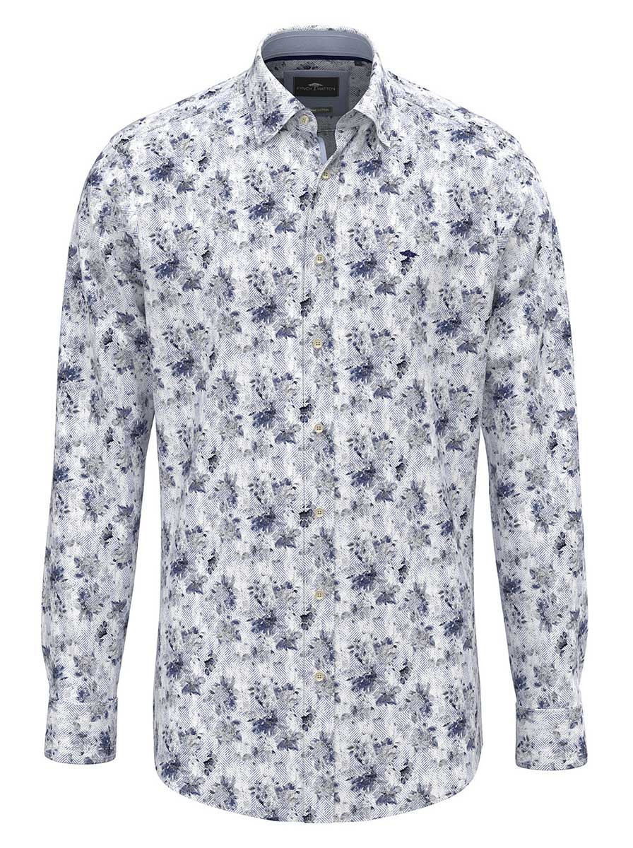 Fynch Hatton Shirts Fynch Hatton - Floral Print Cotton Long Sleeve Crystal Blue Shirt