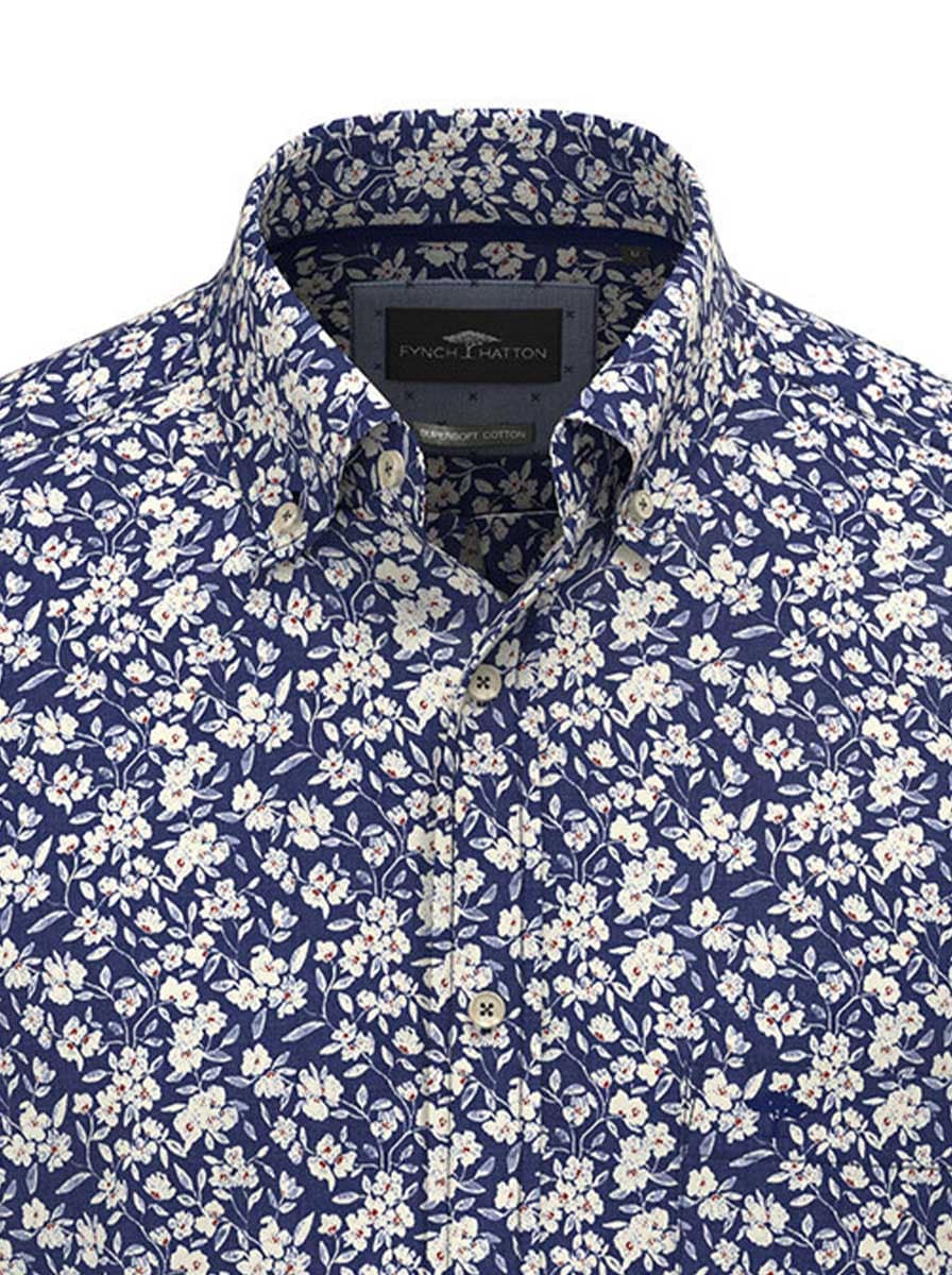 Fynch Hatton Shirts Fynch Hatton - Floral Print Cotton Long Sleeve Misty Blue Shirt