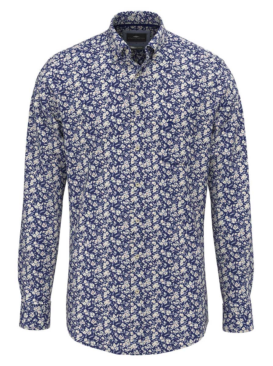 Fynch Hatton Shirts Fynch Hatton - Floral Print Cotton Long Sleeve Misty Blue Shirt
