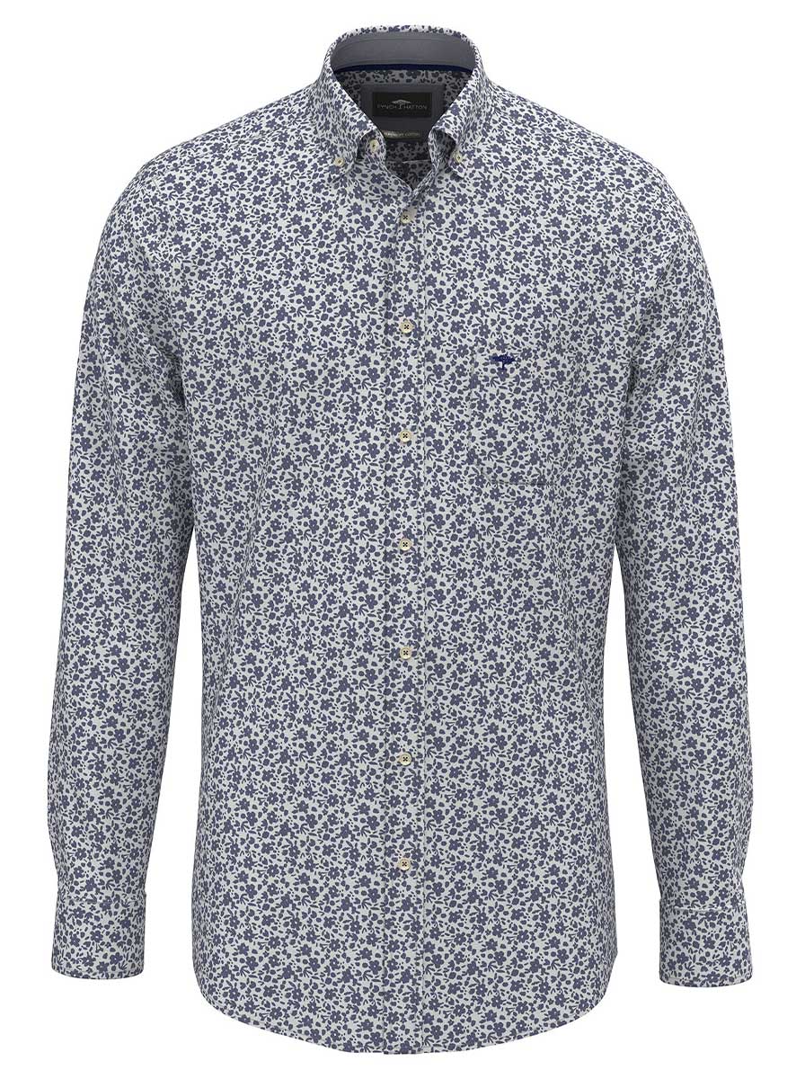Fynch Hatton Shirts Fynch Hatton - Floral Print Cotton Long Sleeve Misty Blue Shirt