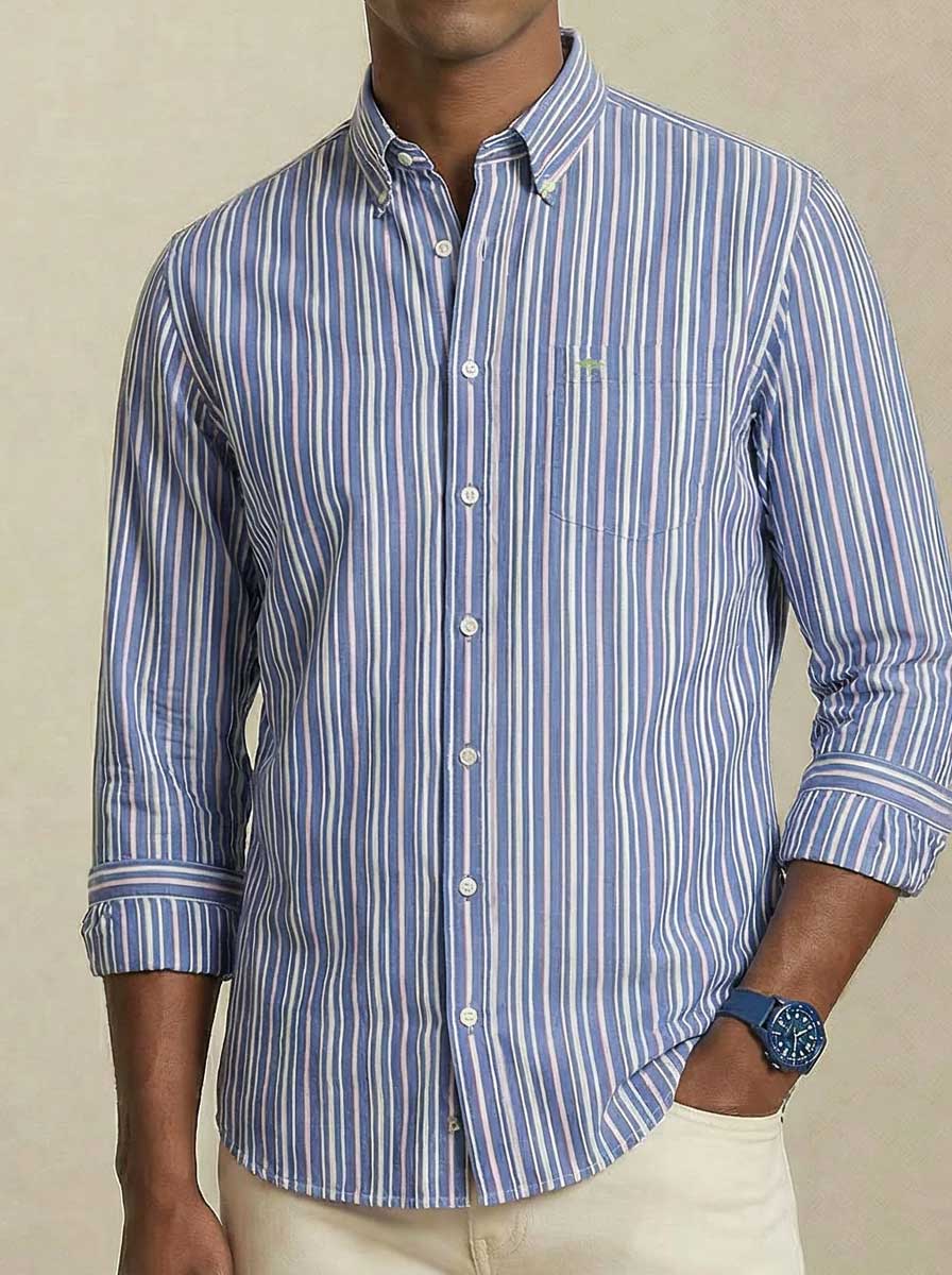 Fynch Hatton Shirts Fynch Hatton - Multi Stripe Cotton Long Sleeve Harbour Blue Shirt