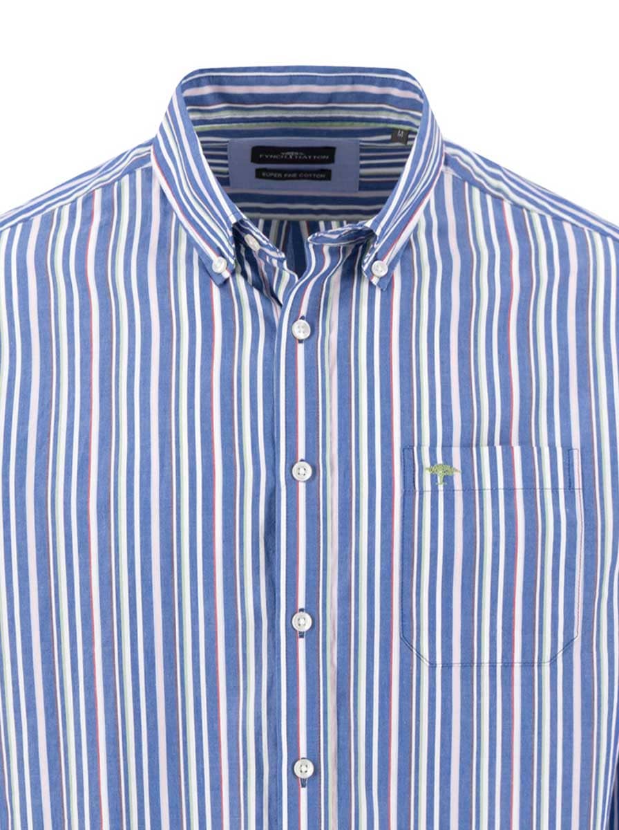 Fynch Hatton Shirts Fynch Hatton - Multi Stripe Cotton Long Sleeve Harbour Blue Shirt