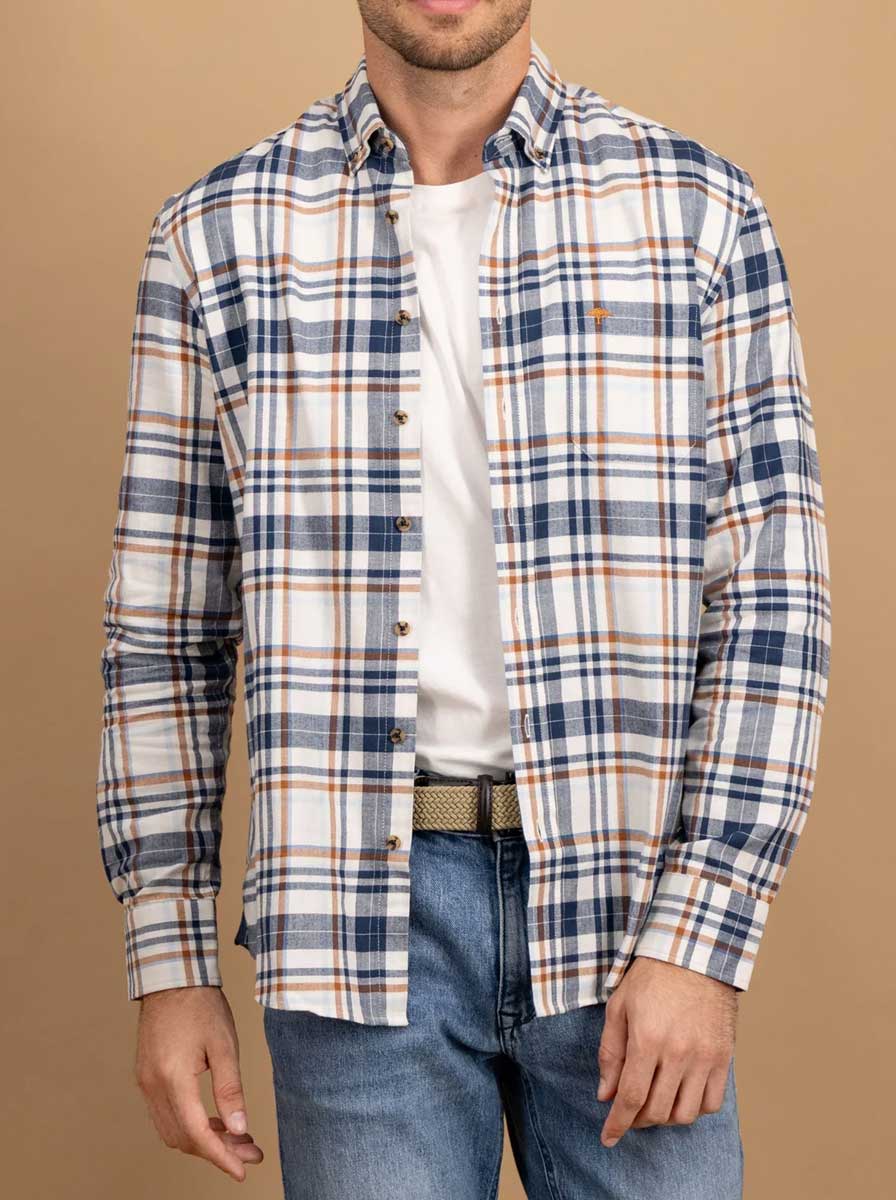 Fynch Hatton Shirts Fynch Hatton - Plaid Check Cotton Long Sleeve Misty Blue Shirt
