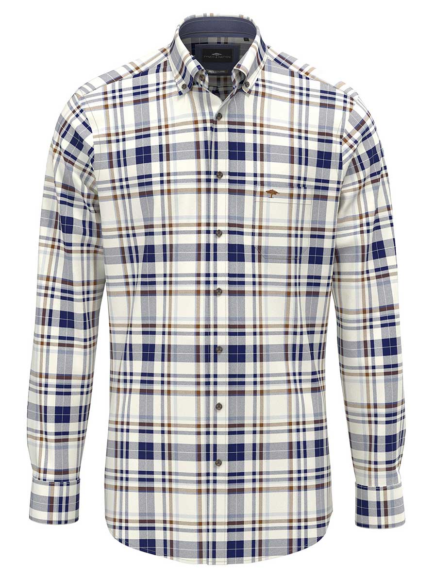 Fynch Hatton Shirts Fynch Hatton - Plaid Check Cotton Long Sleeve Misty Blue Shirt