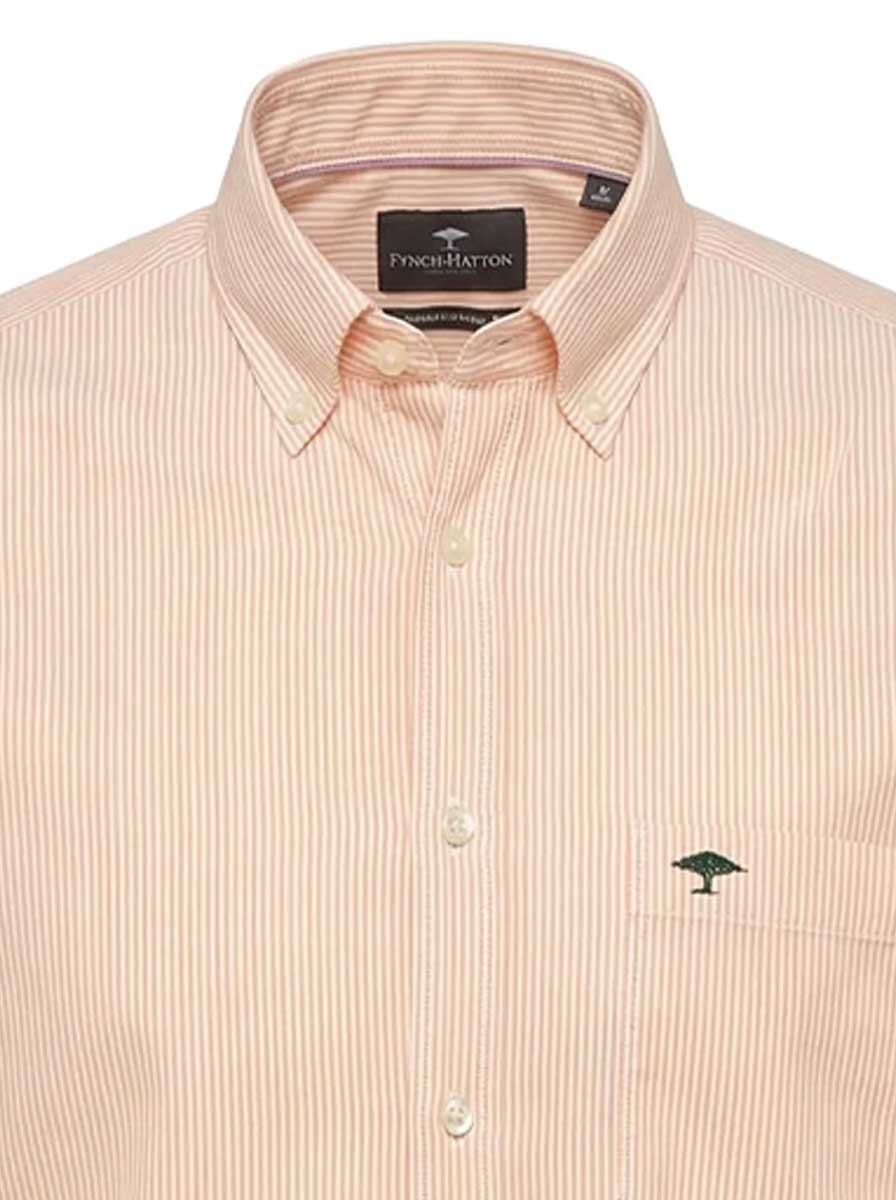 Fynch Hatton Shirts Fynch Hatton - Striped Oxford Cotton Long Sleeve Tangerine Shirt