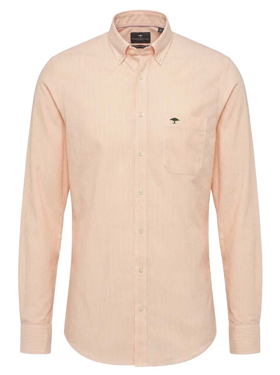 Fynch Hatton Shirts Fynch Hatton - Striped Oxford Cotton Long Sleeve Tangerine Shirt