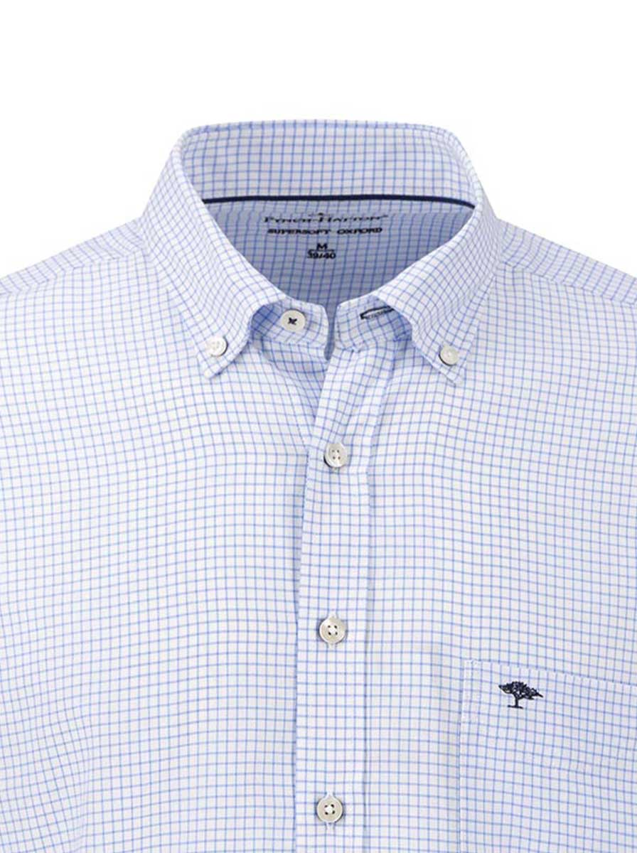 Fynch Hatton Short Sleeve Shirts Fynch Hatton - Oxford Cotton Check Blue Short Sleeve Shirt