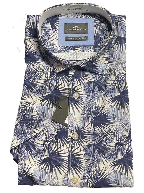 Fynch Hatton Short Sleeve Shirts Fynch Hatton - Premium Cotton Fern Print Navy Short Sleeve Shirt