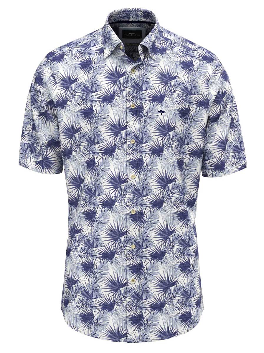 Fynch Hatton Short Sleeve Shirts Fynch Hatton - Premium Cotton Fern Print Navy Short Sleeve Shirt