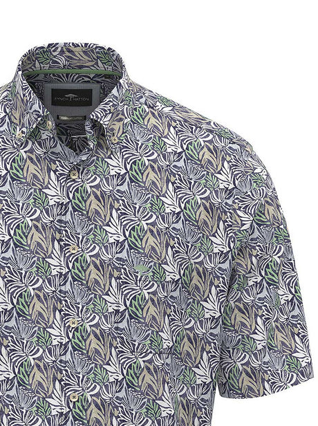 Fynch Hatton Short Sleeve Shirts Fynch Hatton - Premium Cotton Navy Leaf Print Short Sleeve Shirt