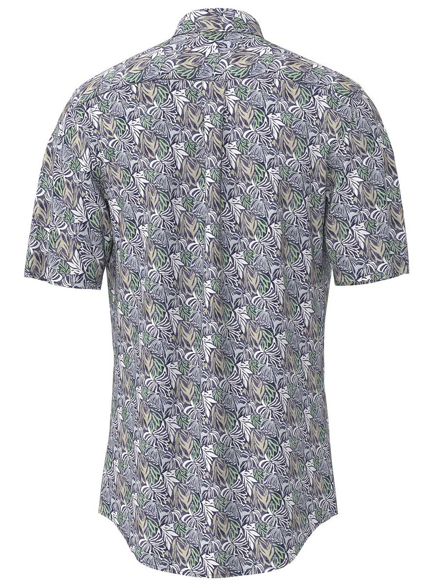 Fynch Hatton Short Sleeve Shirts Fynch Hatton - Premium Cotton Navy Leaf Print Short Sleeve Shirt