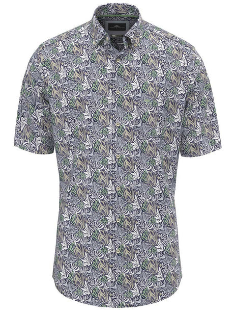 Fynch Hatton Short Sleeve Shirts Fynch Hatton - Premium Cotton Navy Leaf Print Short Sleeve Shirt