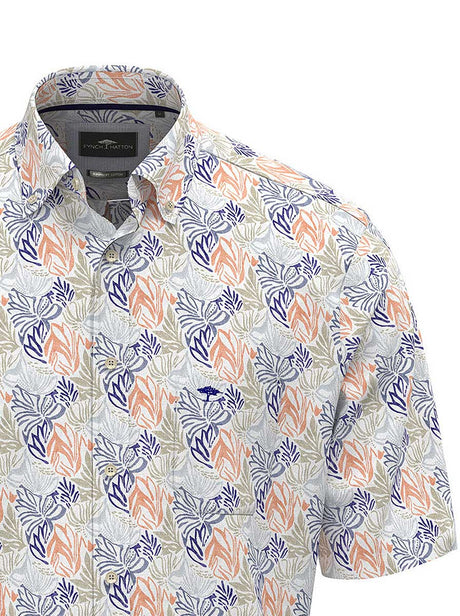 Fynch Hatton Short Sleeve Shirts Fynch Hatton - Premium Cotton Orange Leaf Print Short Sleeve Shirt
