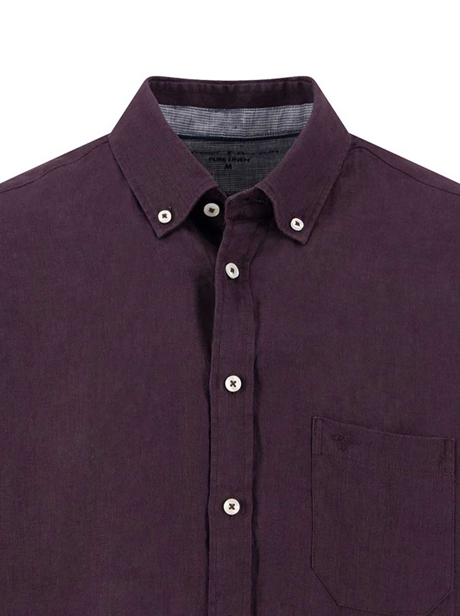 Fynch Hatton Short Sleeve Shirts Fynch Hatton - Premium Linen Aubergine Short Sleeve Shirt