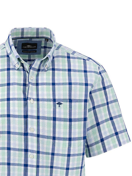 Fynch Hatton Short Sleeve Shirts Fynch Hatton - Seer Sucker Green Multi Check Short Sleeve Shirt