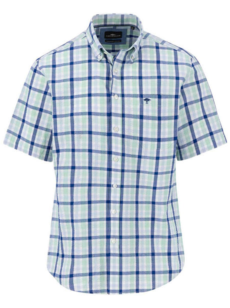 Fynch Hatton Short Sleeve Shirts Fynch Hatton - Seer Sucker Green Multi Check Short Sleeve Shirt