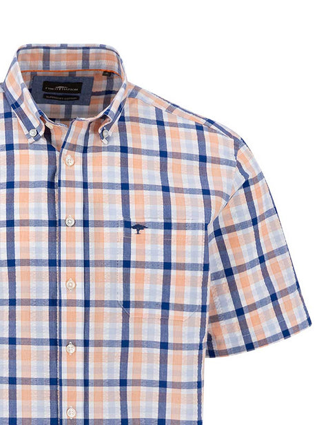 Fynch Hatton Short Sleeve Shirts Fynch Hatton - Seer Sucker Orange Multi Check Short Sleeve Shirt