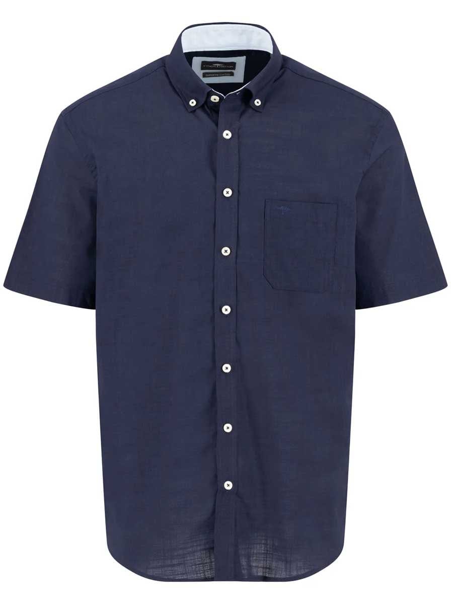 Fynch Hatton Short Sleeve Shirts Fynch Hatton - Textured Cotton Navy Short Sleeve Shirt