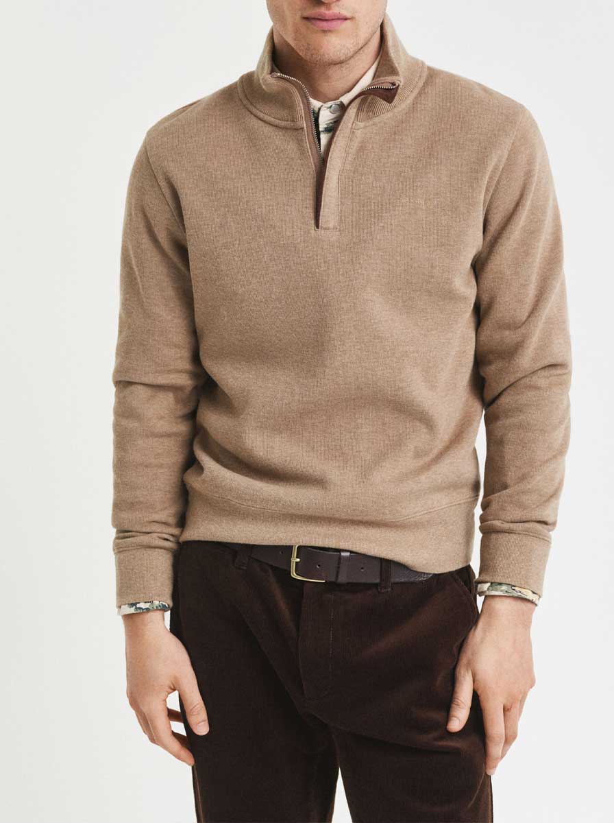 Gant Knitwear & Jumpers Gant - Khaki Melange Sacker Rib Half Zip Sweater
